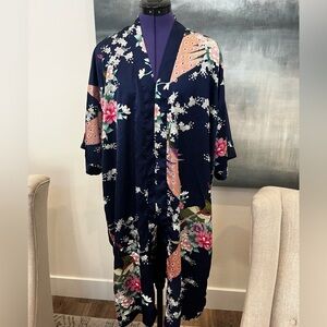 Oriental Village Silk Navy Blue Peacock Print Robe Women's One Size Fits Most